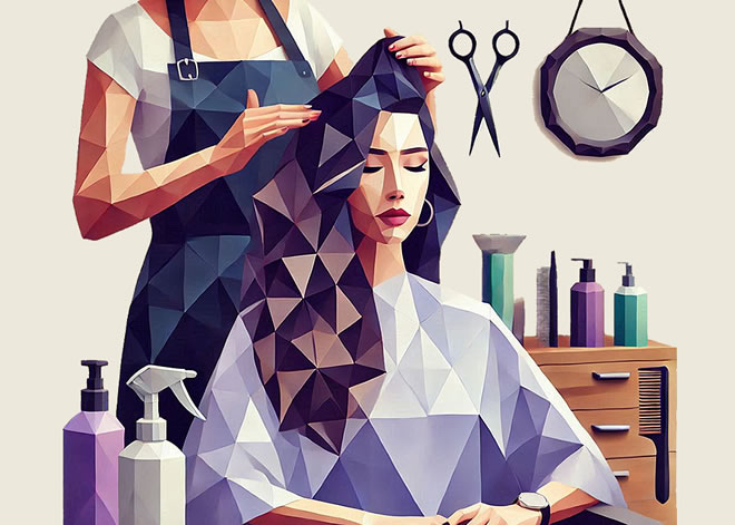 Bild im Poly Art Stil - Friseurin bei der Arbeit am Kunden.